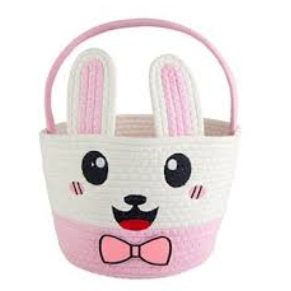 Pink White Bunny Easter Basket Cotton Rope Coiled Storage Tote Rabbit Ears